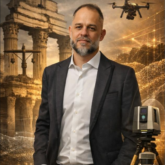 Especialista da Groma com equipamento de topografia e drone